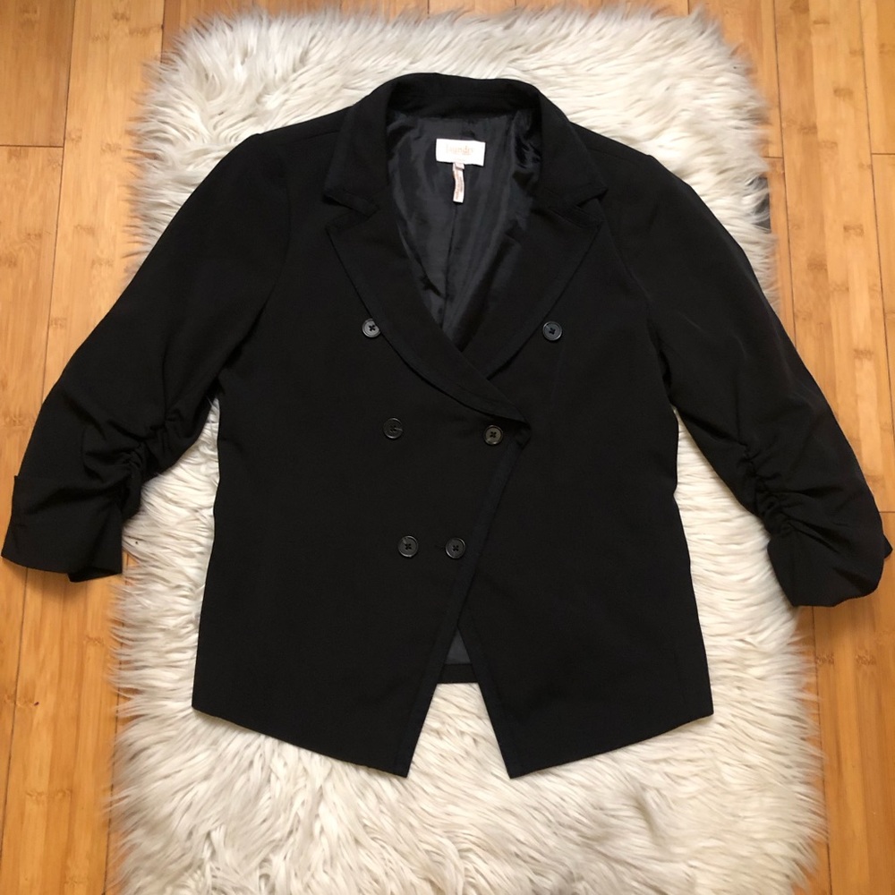 Laundry Shelli Segal Ruched Sleeves Double Breasted Satin Trim Black Blazer 12